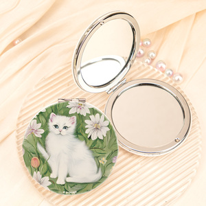 Miroir de poche compact HD double face pliable en similicuir vintage avec logo personnalisé, motif chat floral, pour vente en gros - Product Image 6