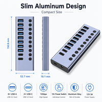 Hub USB 3.2 Gen2 10Gbps Bertenaga Tipe C 10 Port Aluminium dengan 10 Sakelar Individual, Adaptor 20V 5A 95W PD