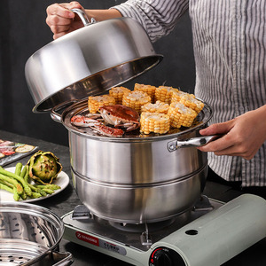 Cuiseur vapeur en acier inoxydable 304, double couche, grande capacité, avec couvercle, pour la cuisson des légumes, des fruits de mer, du maïs - Product Image 1