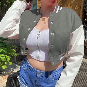 Veste de baseball décontractée pour femmes, blouson bombardier court à boutons et blocs de couleurs - Product Image 1