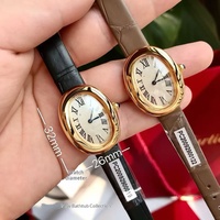 Jam Tangan Wanita Mewah Ukuran Kecil Berbahan Baja Tahan Karat Emas dengan Casing Oval, Kristal Safir, Jarum Penunjuk, Tahan Air, Mesin Quartz, dan Tali Kulit Sapi