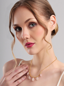 Raw Rose Quartz Crescent Bar <b>Necklace</b> Pink Crystal Gold Tone Curb Chain Modern Elegant <b>Statement</b> Jewelry for Women - Product Image 4