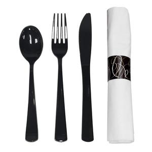 High Quality Black Ps Plastic fork and spoon knife disposable Individually Package napkin and cutlery set