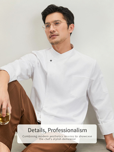 เสื้อเชฟแขนยาวแบบสั่งทำพิเศษ คอจีน แขนจั๊มพ์ กระเป๋าคู่ สำหรับร้านอาหาร บิสโทร บาร์ - Product Image 4