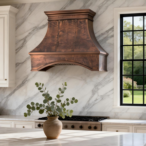 Handcrafted Architectural Copper <strong>Bell</strong> Shape Range Hood with Arched Base Antique Patina French Country European Revival Design - Product Image 4