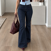 Jean évasé taille haute pour femme en denim délavé, coton et élasthanne, longueur intégrale, style décontracté, série pour commandes en gros