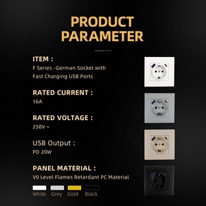 Đen PC Bảng điều chỉnh EU điện Schuko cắm ổ cắm với 2 USB A + C Cổng 250V 16A Đức pd20w USB Một USB C tường Ổ cắm ổ cắm - Product Image 4