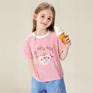 T-shirt en jersey <span class=keywords><strong>rose</strong></span> à col contrasté pour filles – Imprimé ours de dessin animé « Donne-moi un câlin » en coton décontracté à manches courtes (2-14 ans) - Product Image 1
