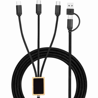 Câble de charge multi-prises en bambou tressé écologique, double entrée USB-A et Type-C, 3 sorties, avec éclairage LED personnalisé, cadeau promotionnel