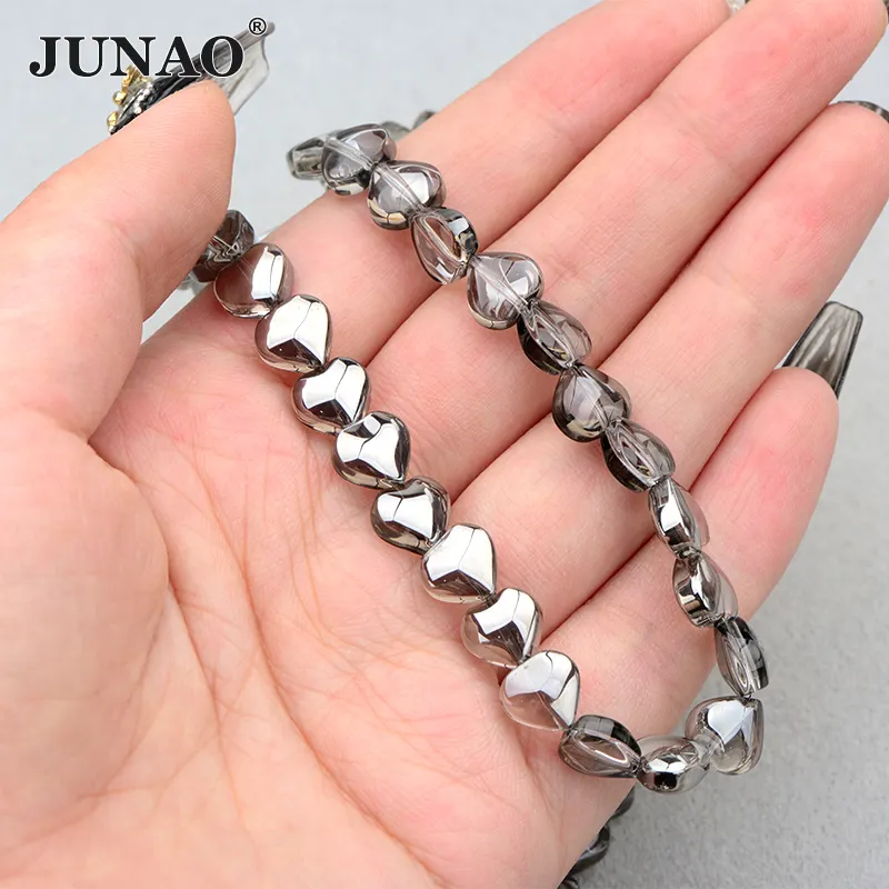 JUNAO 8mm 10mm Love Glass Beads Grey Rhinestones Heart Strip Necklace Bracelet Earrings Glass Stones Chain For DIY Accessories