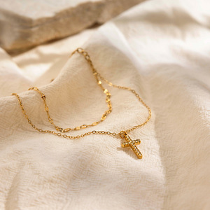 Bracelet croix double couche en acier inoxydable avec incrustation de zircon blanc, design géométrique, bijou cadeau - Product Image 3