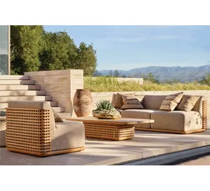 Defaico Hot Sale Modern Outdoor Teak Wooden Sofa Sets For Garden And Villa Teak Furniture Sofa Set