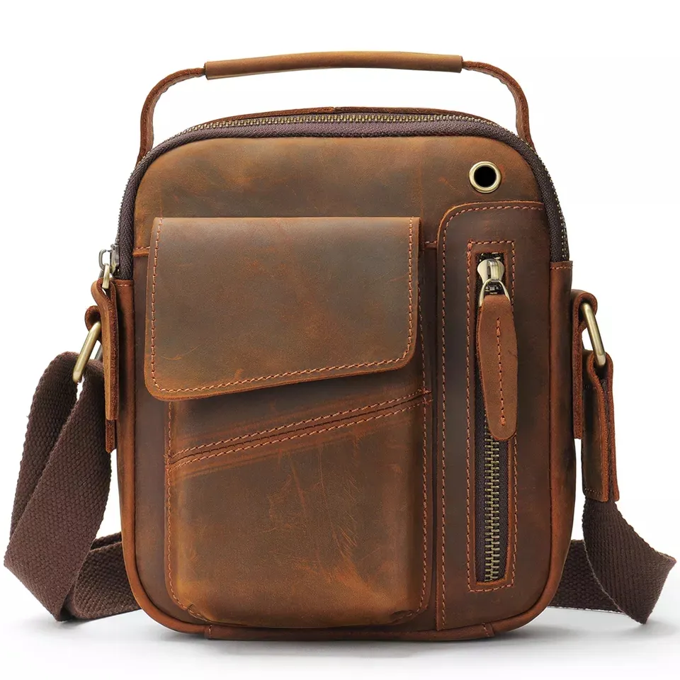 Crazy Horse Leather Handbag Satchel Shoulder Bag Small Leather Messenger Bag Men's Crossbody Bag