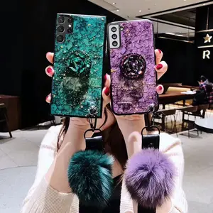 anti scratch shockproof bling crack marble back phone case for iphone 6-12 with fur ball, for samsung galaxy s21 5g case marble