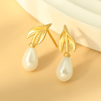 Kalung & Anting Mutiara Tetes Air Daun Bambu Perak S925 Lapis Emas Matte Set Perhiasan Elegan untuk Wanita