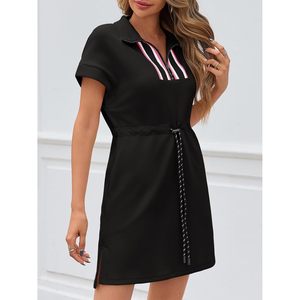 Fisoew Vestido corto de manga corta para mujer con cremallera de cuarto, cuello en V, cintura elástica, vestido informal holgado tipo sudadera, uso diario de verano - Product Image 3