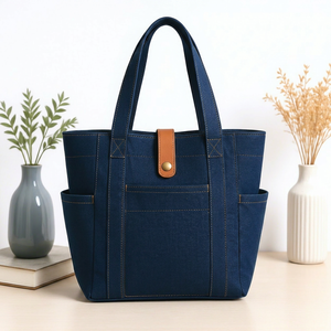 Blue <b>Canvas</b> <b>Tote</b> Bag Reusable Shopping Carryall Long Reinforced Handle Button Closure Utility Bag for Daily Travel - Product Image 2