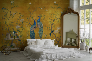 Carta da Parati Dorata di Lusso con Stampa Personalizzata Chinoiserie a Motivo Botanico e Animale, Design Murale Decorativo per Casa, Hotel e Soggiorno - Product Image 3