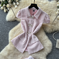 Ensemble élégant pour femmes en 2 pièces pour l'été, haut à col rabattu à manches courtes, jupe longue plissée, tenue chic féminine