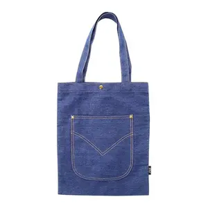 OEM/ODM Custom Canvas Denim Outer Pocket Bag Jean Print Tote Bag Shoulder Shopping Handbag