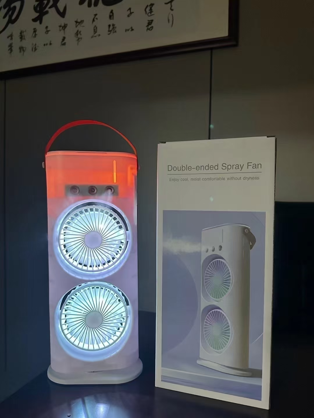 Rechargeable Dual Head Water Mist Air Cooling Fan with LED Light & 600ml Water Tank thumbnail
