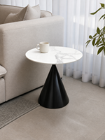 Table basse ronde moderne en dalle de roche blanche avec piétement conique en acier inoxydable noir pour salon, hôtel, OEM ODM