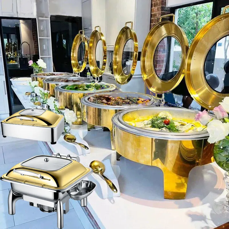 Luxury gold and silver buffetware chaffing dish buffet food warmer round glass lid commercial large stainless steel chafing dish