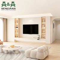 Meuble mural TV en crème et bois avec niche d'exposition éclairée, console flottante et éclairage LED sous le meuble pour la maison