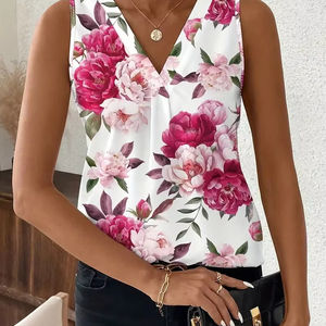 Chaleco con cuello en V para mujer de verano, camiseta sin mangas con estampado de plantas a la moda, Camiseta básica sencilla - Product Image 1