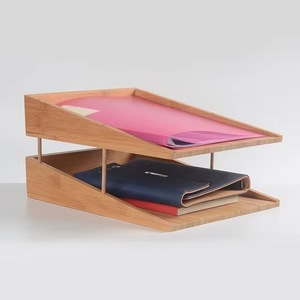 Two-tier bamboo office desk <b>storage</b> box; bamboo desktop <b>file</b> folder <b>storage</b> box - Product Image 3