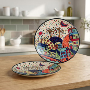 Handmade Ceramic Round Plate Cartoon Village Design 300mm Diameter <b>Table</b> Decoration <b>Mats</b> & Pads - Product Image 2