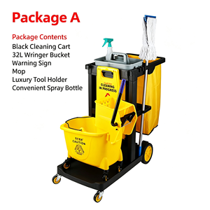 Chariot de nettoyage commercial multi-usages pour concierges avec seaux amovibles, porte-sacs poubelles et roulettes silencieuses - Product Image 6