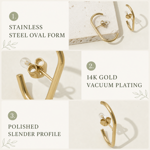 Boucles d'oreilles créoles ovales fines en acier inoxydable plaqué or 14K sous vide, bijoux linéaires minimalistes - Product Image 3