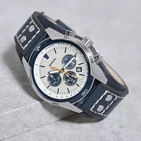 Montre à quartz pour homme style pilote, cadran crème, chronographe, bracelet en cuir de vachette marine, lunette tachymètre, montre-bracelet quotidienne pour homme d'affaires