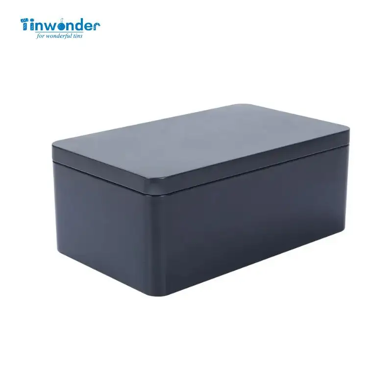 Caja de lata rectangular negra plateada vertical recta personalizada con tapa con bisagras lata metálica recta