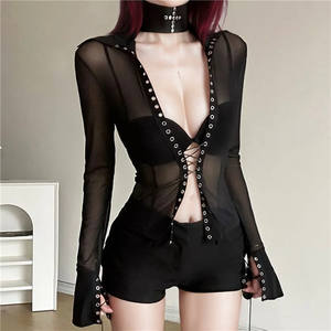 T-Shirt Sexy da <span class=keywords><strong>Donna</strong></span> Stile Y2k con Inserti in Tulle, Aderente, Grunge, Harajuku, Trasparente, con Fasciature - Product Image 4