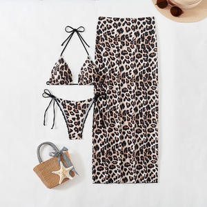 Stock Dieren Print Cheetah 3 Stuks Badmode Vrouwen Driehoekige Top Bikini Set Lange Rok Cover Ups XS-L - Product Image 1