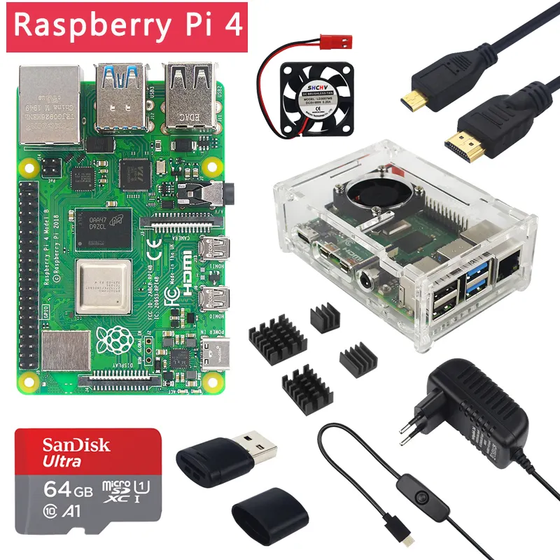 Raspberry Pi 4 Modello B 2/4/8GB di RAM + Custodia + Ventola + Dissipatore di Calore + adattatore di alimentazione + 32/64 GB Scheda + HDMI-Cavo compatibile per RPI 4B