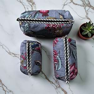 Handmade Blue Floral Cotton Quilted Makeup Pouch Set Of 3 <b>Cosmetic</b> Travel <b>Organizer</b> Bag - Product Image 3