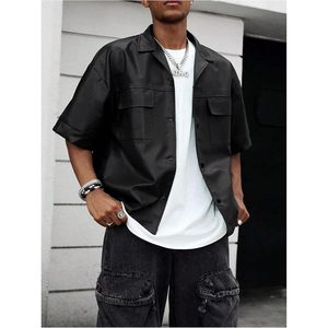 Chaqueta de Hombre de Cuero PU con Botones, Manga Corta, Cuello Camisero, Estilo Urbano, Ropa de Verano - Product Image 3