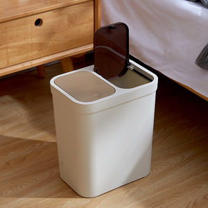 Poubelle double de style japonais, rectangulaire, blanc cassé, pour usage intérieur, avec couvercle à bouton-poussoir, pour cuisine et salon - Product Image 1