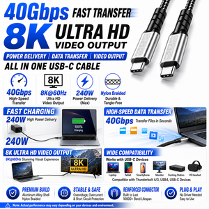 LUNG KAY OEM ODM USB4 Cable 40Gbps 240W Fast <b>Charging</b> 8K 60Hz Video USB C to USB C Cable Nylon Braided Data Cord for Laptop - Product Image 2