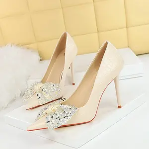 2024 new high-stiletto high-heel sandals women's casual party shoes shallow mouth pointy Rhinestone butterfly single heels