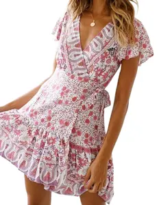 2023 yaz baskılı elbise SMO v yaka çıplak renkli elbiseler kadın lady zarif