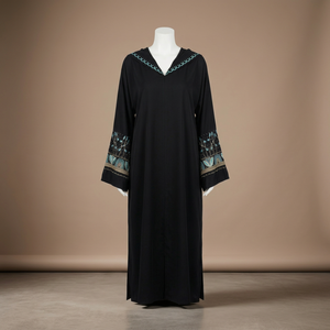 Abaya élégante noire à imprimé floral avec accents turquoise - Product Image 3