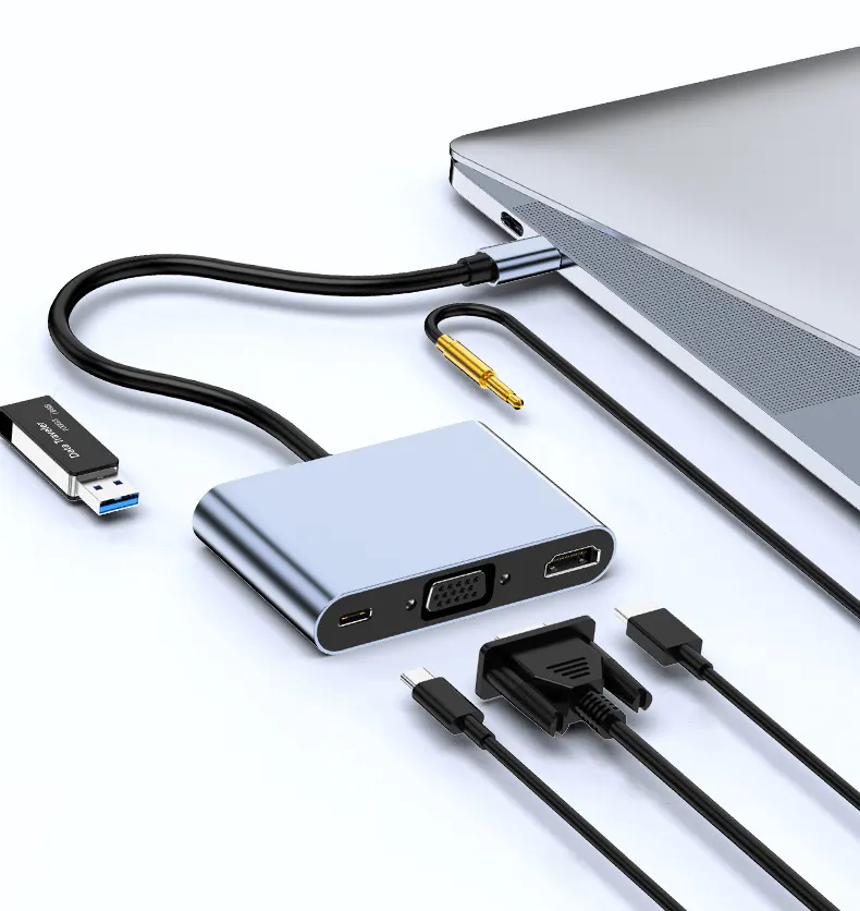 USB C Hub Adaptor Multiport untuk MacBook Pro 5 In 1 Adaptor Dongle dengan VGA 87W PD Charger Audio Mic untuk MacBook Laptop