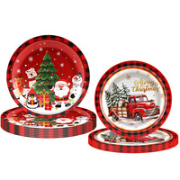 Vente chaude, thème de Noël, rouge, vert, 3 couleurs, plaid, 10 pièces, ensemble de couverts en plastique jetables, assiette, décoration de fête de voiture