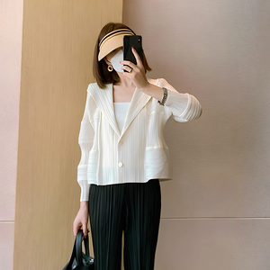 Elegante Blazer Corto Plisado Estilo Miyake para Mujer, Manga <span class=keywords><strong>Farol</strong></span> Única, Sin Arrugas, Transpirable, Informal, para Oficina, con Botones - Product Image 2