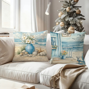 Những chiếc gối trang trí nhà bãi biển ấm cúng với vỏ sò, hoa và xe đạp để trang trí theo phong cách biển cả. - Product Image 4