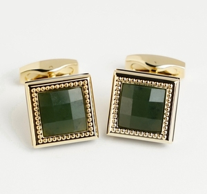 Boutons de manchette haut de gamme pour hommes en plaqué or 18 carats avec pierre précieuse Fengshui à facettes néphrite MSDAXLG002 | Collection Tinh Vu | Du Vietnam - Product Image 2